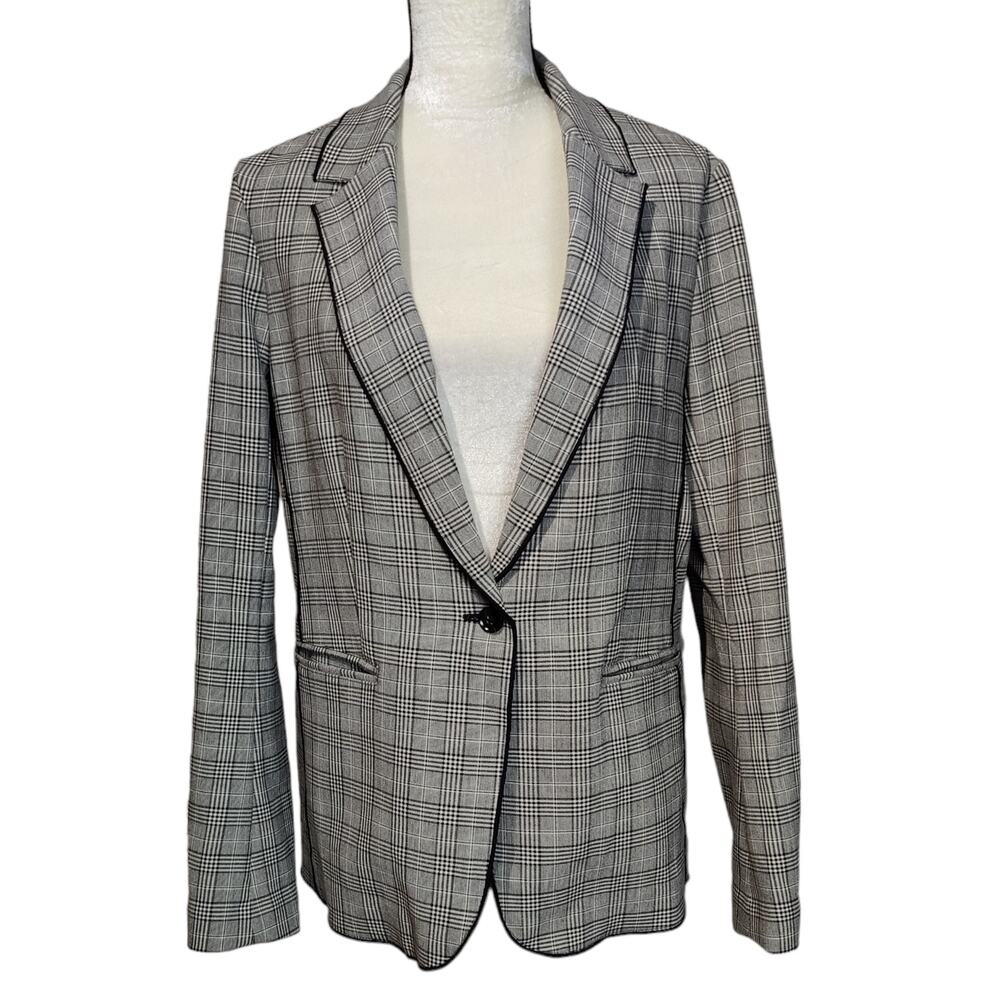 Banana Republic Women's Sz 12 Stretchy Knit Grey Plaid One Button Blazer